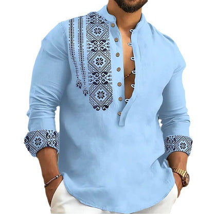 Men's Casual Solid Color Long-sleeved Henry Collar Shirt - Carvan Mart Ltd