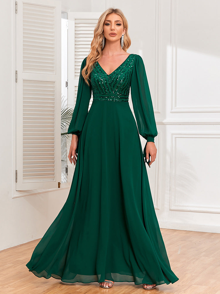 Women's Elegant V Neck Shiny Chiffon Evening Gown A Line Wedding Bridesmaid Dress Party Dress - Carvan Mart