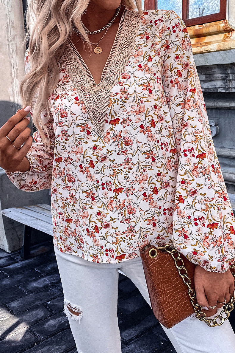 Loose Lace V-neck Chiffon Shirt For Women New Floral Printed Long-sleeve Top - Carvan Mart
