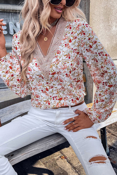 Loose Lace V-neck Chiffon Shirt For Women New Floral Printed Long-sleeve Top - Carvan Mart