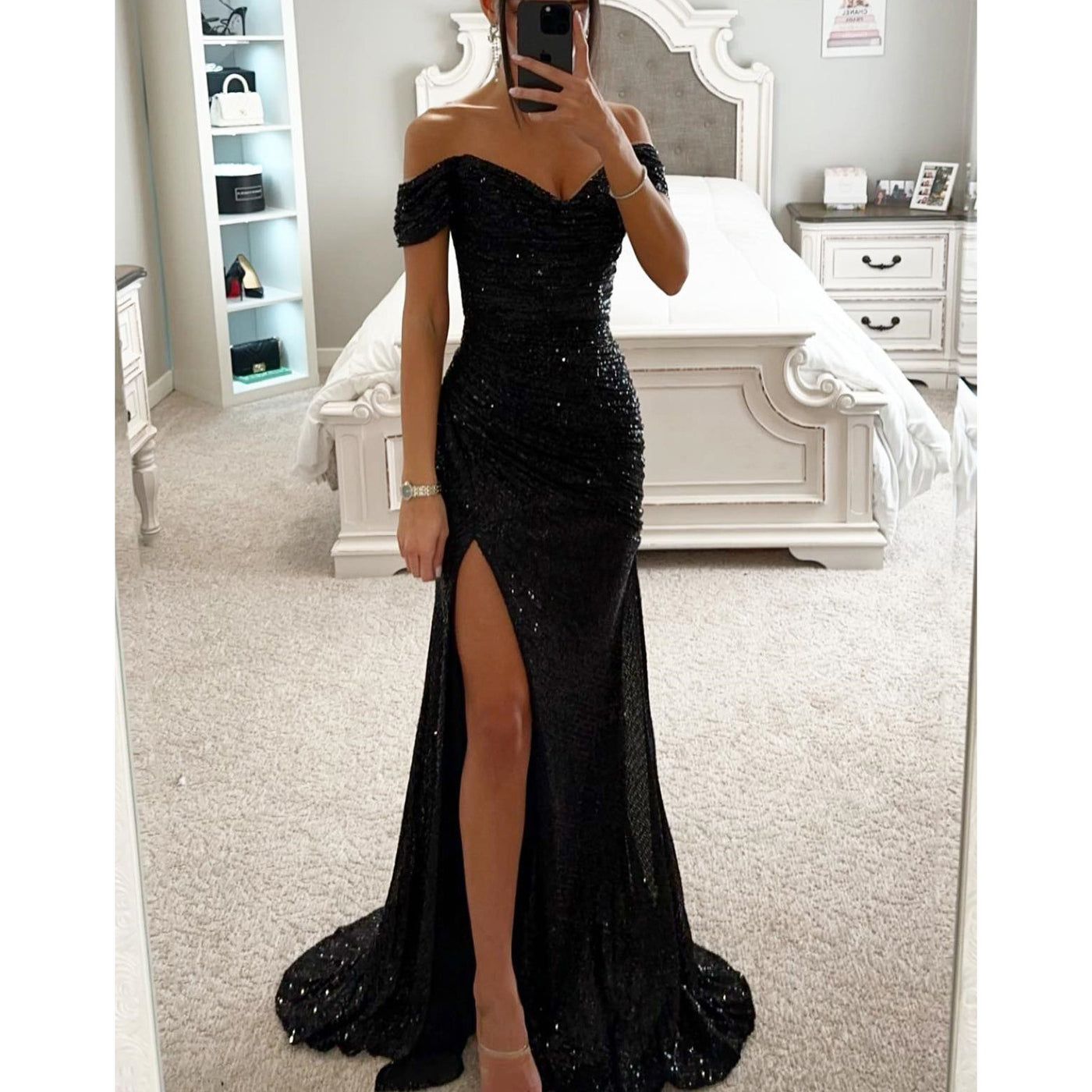 Off-Shoulder Sequin Evening Gown with High Slit - Elegant Formal Dresses - Carvan Mart