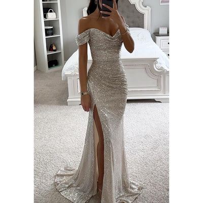 Off-Shoulder Sequin Evening Gown with High Slit - Elegant Formal Dresses