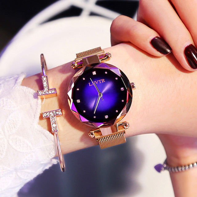 Rose Gold Women Watches Fashion Diamond Ladies Starry Sky Magnet Watch Waterproof Female Wristwatch - Carvan Mart