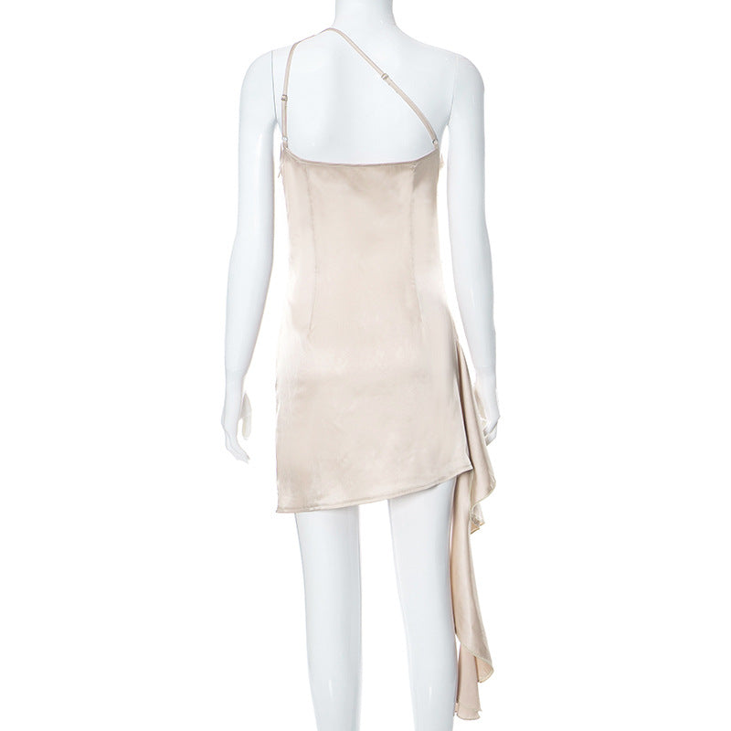 One Shoulder Sleeveless Mini Dress Slim Backless Skirt Party Wedding Dress - Carvan Mart