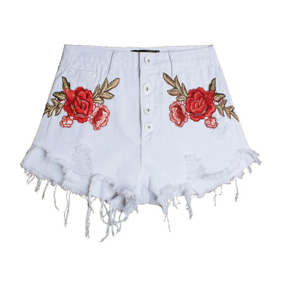 High Waisted Denim Shorts with Floral Embroidery for Women - White - Women's Jeans - Carvan Mart