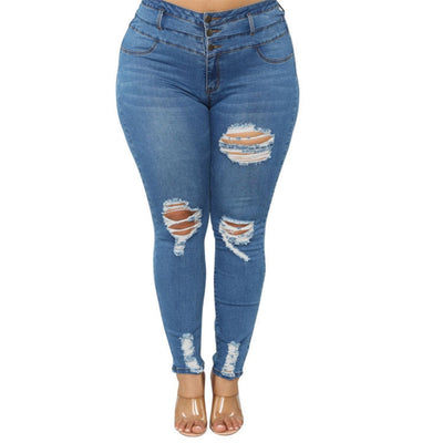 Curvy Women High Waist Ripped Plus Size Jeans - Flattering Fat Jeans Pant - Dark Blue - Women's Jeans - Carvan Mart