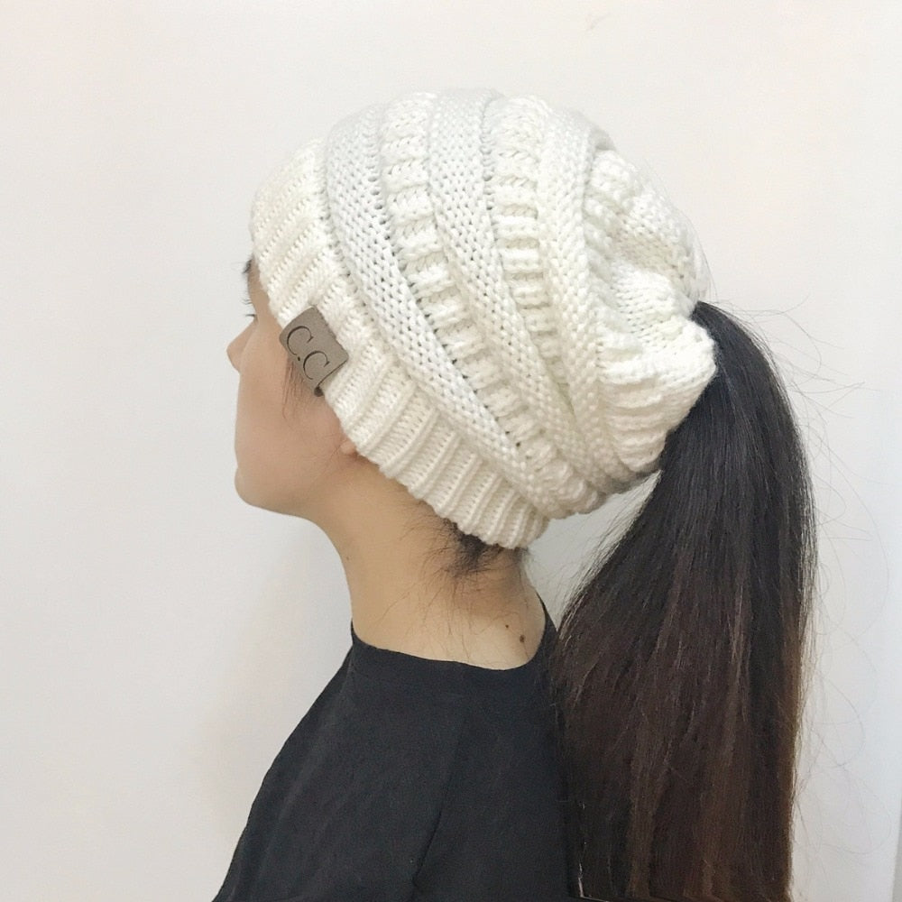 High Bun Ponytail Beanie Hat Chunky Soft Stretch Cable Knit Warm Fuzzy Lined Skull Beanie Acrylic Hats Men And Women - Carvan Mart