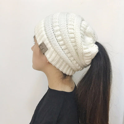 High Bun Ponytail Beanie Hat Chunky Soft Stretch Cable Knit Warm Fuzzy Lined Skull Beanie Acrylic Hats Men And Women - Carvan Mart