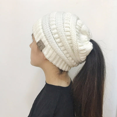 High Bun Ponytail Beanie Hat Chunky Soft Stretch Cable Knit Warm Fuzzy Lined Skull Beanie Acrylic Hats Men And Women - White - Women's Hats & Caps - Carvan Mart