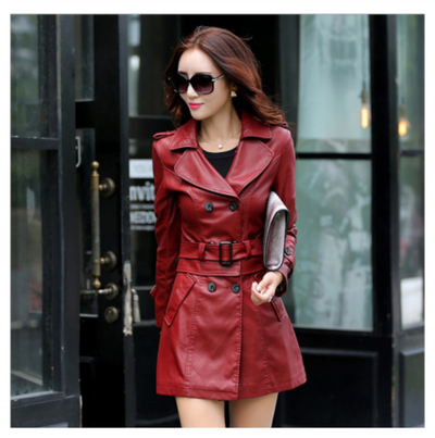 Women's Slim-fit PU Leather Trench Coat - Carvan Mart