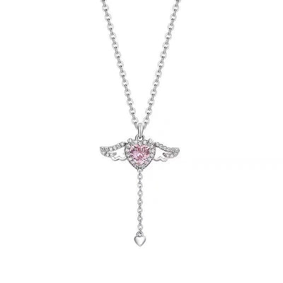 Cupid Heart Angel Wings Tassel Necklace Clavicle Chain Crystal Rhinestone Y Necklace - Carvan Mart