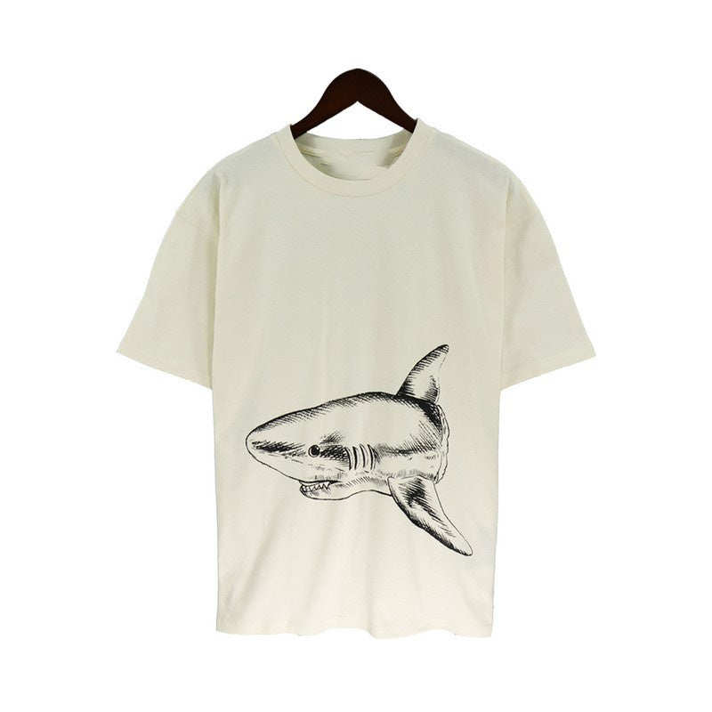 Shark Print Short Sleeve Trendy Men New Cotton T-shirt Cut Two Shark Loose T-shirt - Carvan Mart