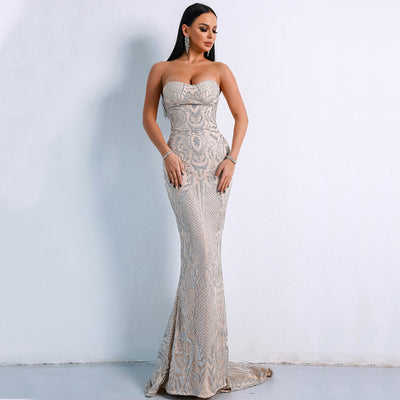 Women Mermaid Sequins Party Dress Sexy Elegant Strapless Geometric Evening Dress - Silver - Evening Dresses - Carvan Mart