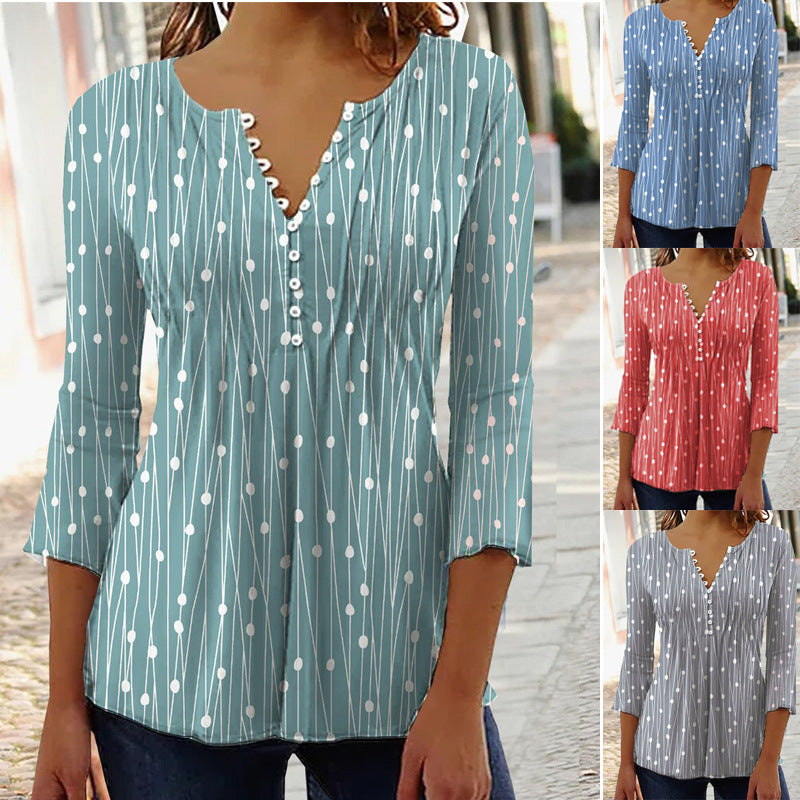 Ladies Shirt Printed Long Sleeved Shirt V-neck Blouse - Carvan Mart