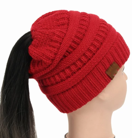 High Bun Ponytail Beanie Hat Chunky Soft Stretch Cable Knit Warm Fuzzy Lined Skull Beanie Acrylic Hats Men And Women - Carvan Mart