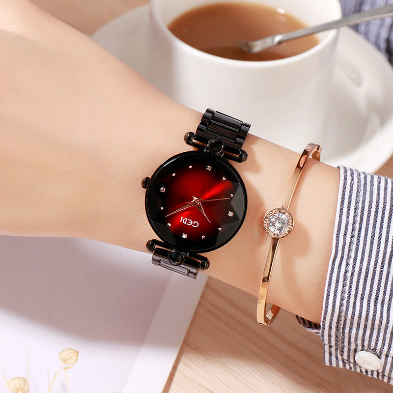 Ladies Steel Band Bracelet Quartz Watch - Black red - Women's Watches - Carvan Mart