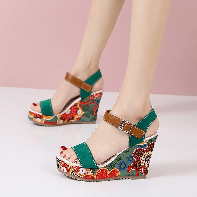 High Wedge Sandals For Women Flowers Embroidered Summer Toe Platform Buckle Shoes - Green - Women's Sandals - Carvan Mart