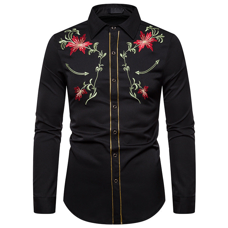 Men's Embroidery Shirt Long Sleeve Flower Shirt - Black - Men's Shirts - Carvan Mart