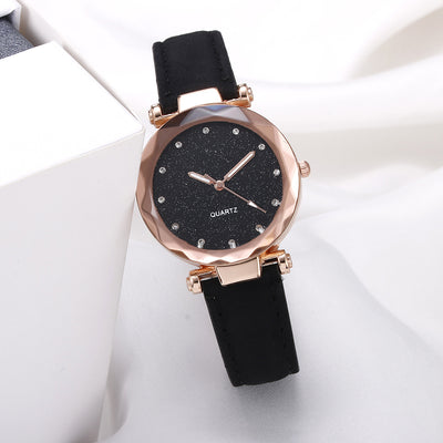 Casual Women Romantic Starry Sky Wrist Watch Leather Rhinestone Designer Ladies Clock - Black - Women's Watches - Carvan Mart