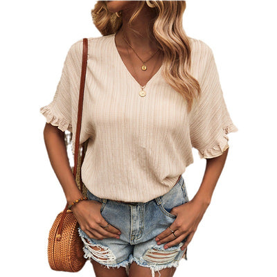 Slim-fit V-neck Tees Women's Stylish Loose Short Sleeve Top - Carvan Mart