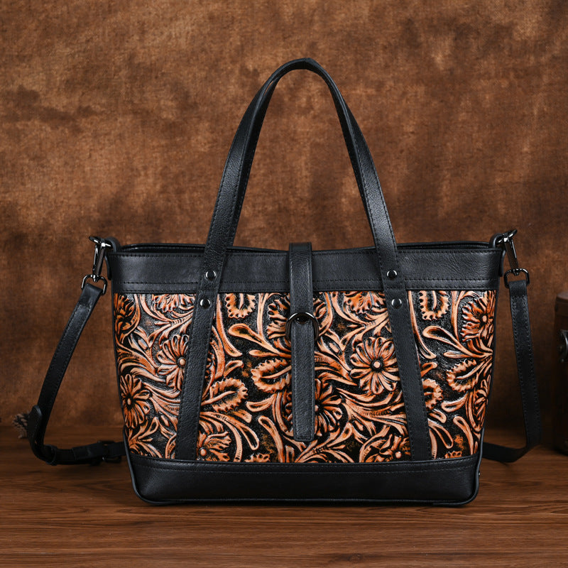 Genuine Leather Hand Carved Bag Engraved Vegan Leather Handbag - - Shoulder Bags - Carvan Mart