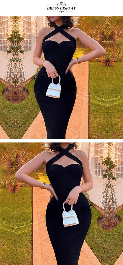 Elegant Black Halter Cocktail Dress - Tube Top Pencil Skirt for Evening Parties and Catwalks - Carvan Mart