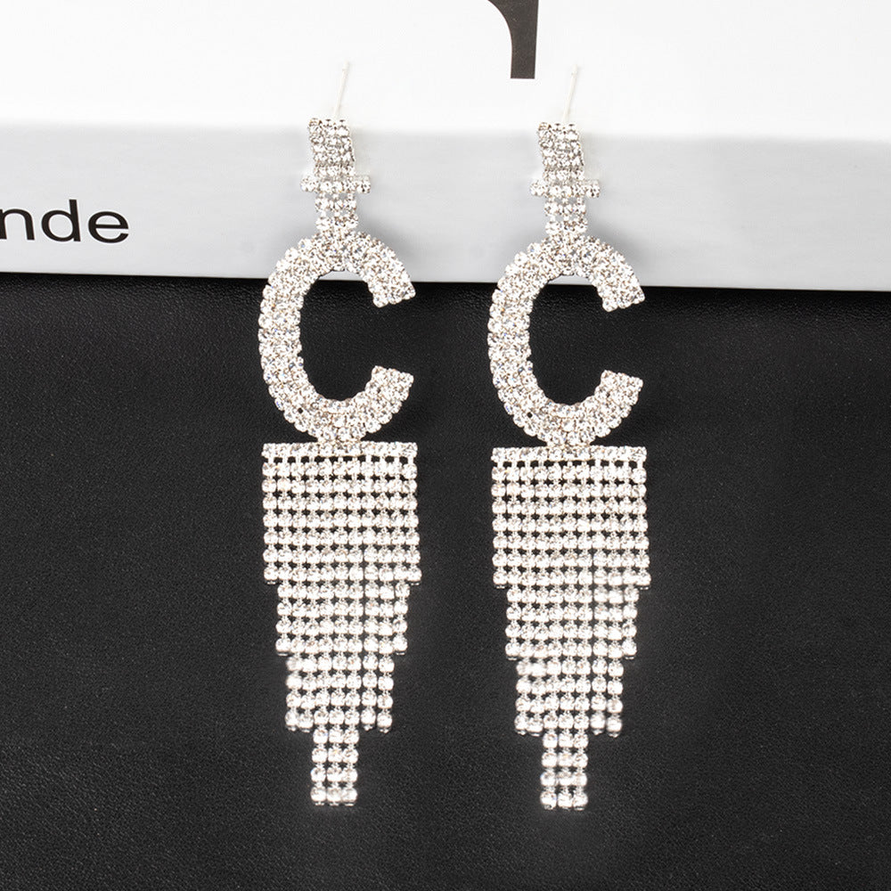 Fashion Jewelry 925 Silver Needle Ornaments Rhinestone Letter B Earrings Banquet Tassel Ear Ornaments Earrings - Silver C - Earrings - Carvan Mart