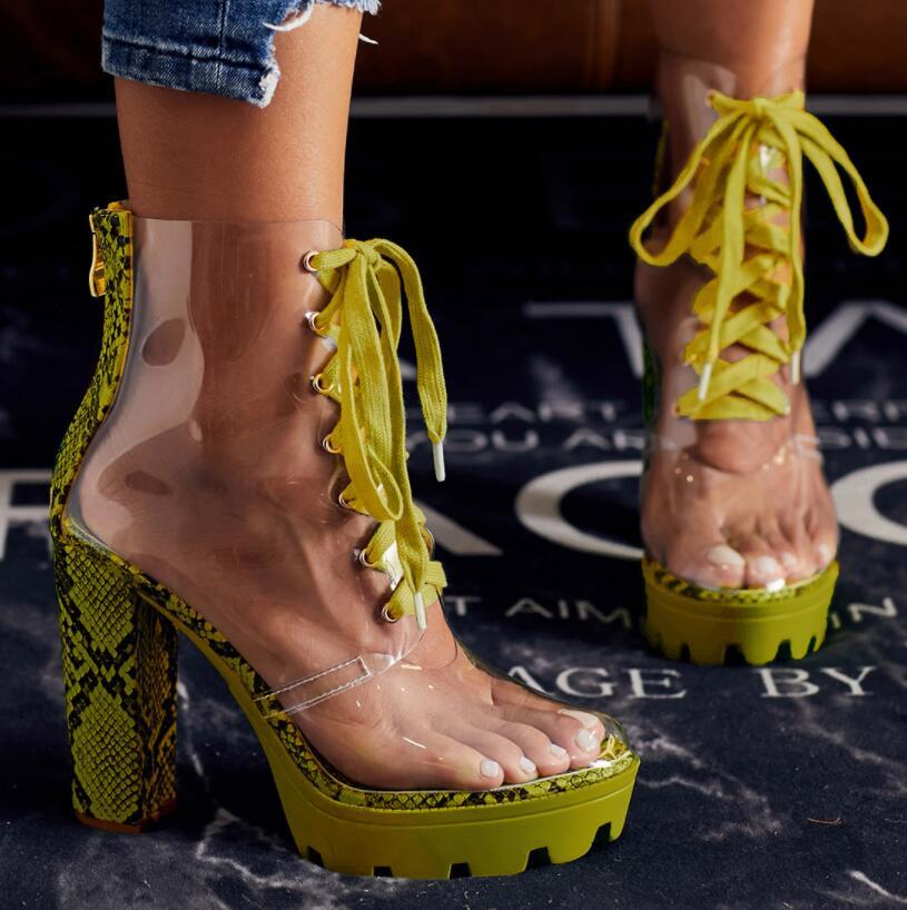 Women PVC Sandals Round Toe Ankle Lace Up Platform High Heel Boots - Carvan Mart