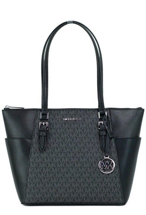 Michael Kors Charlotte Black PVC Leather Large Top Zip Tote Handbag Bag Purse - - - Michael Kors