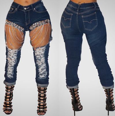 Women ripped chain jeans big size 2xl skinny jeans - Carvan Mart Ltd
