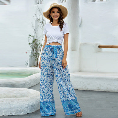 Women’s Palazzo Pants Floral Genome Print Elastic High Waist - - Pants & Capris - Carvan Mart