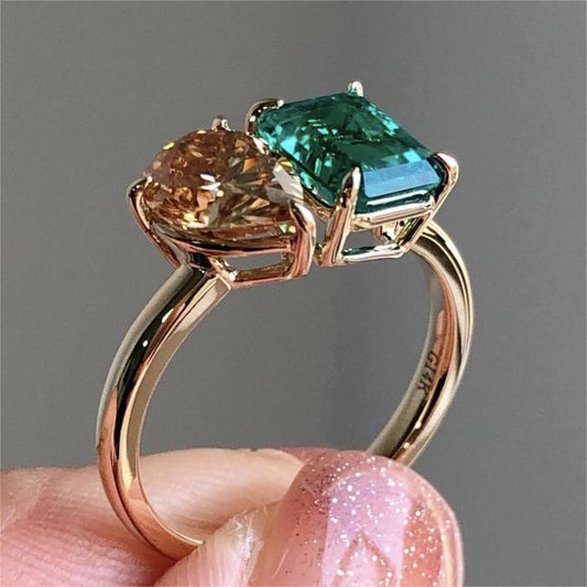 Fashion Jewelry Creative Double Stone Lady Green Yellow Zircon Ring Luxury Crystal Ring