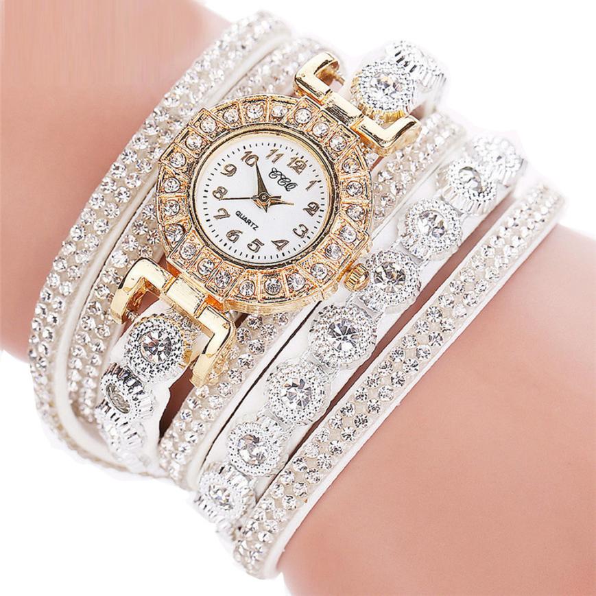 Relogio masculino Women Quartz Women PU Leather Rhinestone Watch Bracelet Watches - White - Women's Watches - Carvan Mart