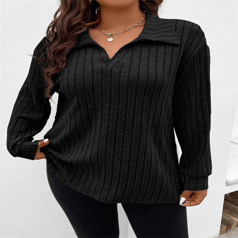 Stylish Women's Blouses Plus Size Top V-shaped Lapel Long Sleeve Sunken Stripe Brushed T-shirt - - Winter Tops - Carvan Mart