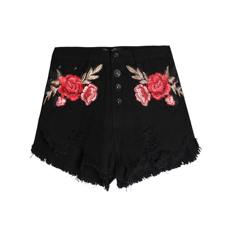 High Waisted Denim Shorts with Floral Embroidery for Women - - Women's Jeans - Carvan Mart