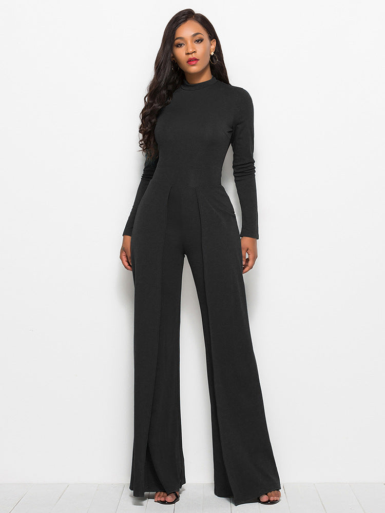 Palazzo Leg Elegant Jumpsuit Round Neck Long Sleeve Jumpsuit - Carvan Mart