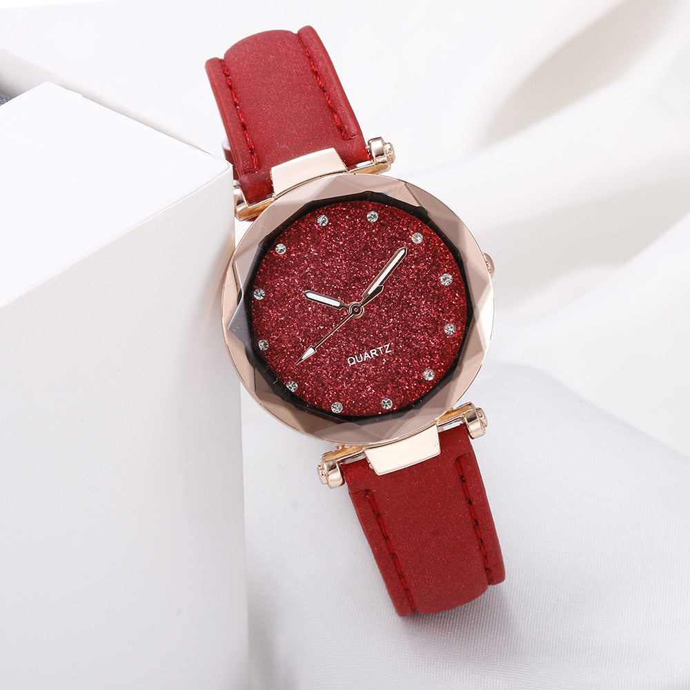 Casual Women Romantic Starry Sky Wrist Watch Leather Rhinestone Designer Ladies Clock - Red - Women's Watches - Carvan Mart