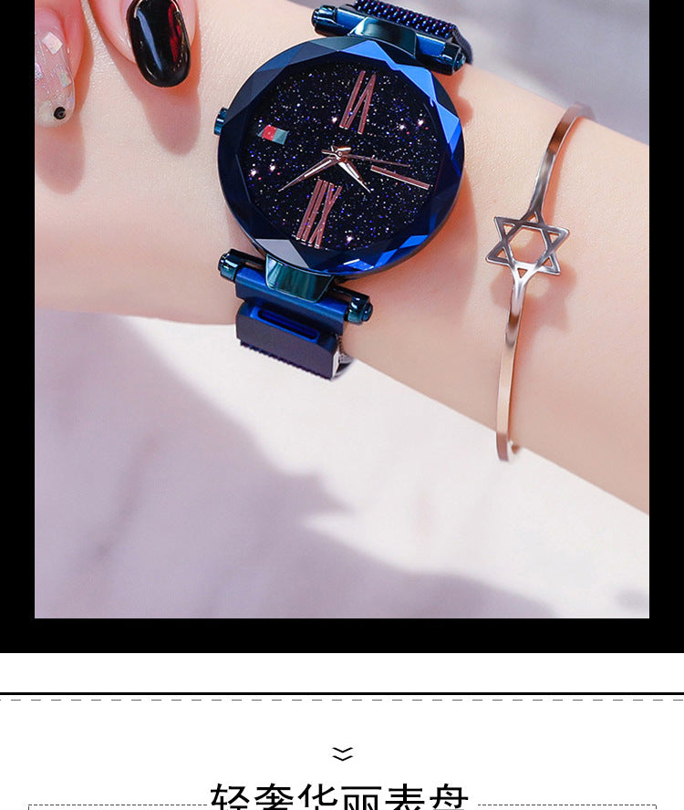Luxury Women Watches Mesh Ladies Clock Magnet Buckle Starry Diamond Geometric Surface Quartz Wristwatch - Carvan Mart