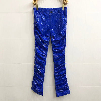 Mirror Fit Pleated Flare Leather Pants - Trendy Unisex PU Leather Pants - Blue - Men's Pants - Carvan Mart