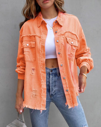 Women's Oversized Frayed Lightweight Denim Jacket Button Down Ripped Distressed Jean Shacket - Orange - Women's Coats & Jackets - Carvan Mart