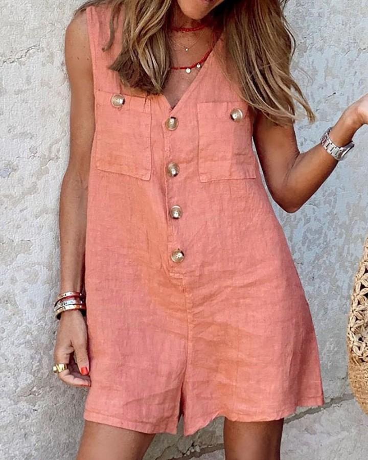 Women's Linen Mini Dress V-neck Patch Pocket Vest - - Women's Linen - Carvan Mart