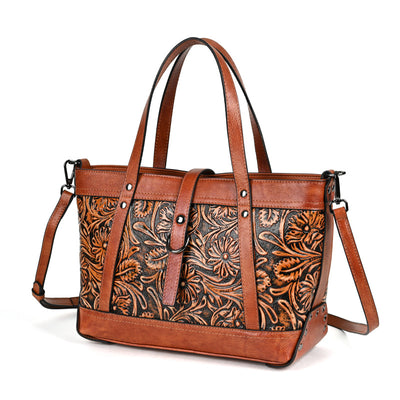 Genuine Leather Hand Carved Bag Engraved Vegan Leather Handbag - - Shoulder Bags - Carvan Mart