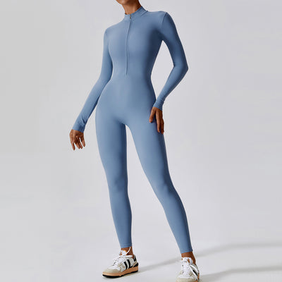 Women's Long-sleeve Zipper Yoga Sports Jumpsuit - Haze Blue - Active Attire - Carvan Mart