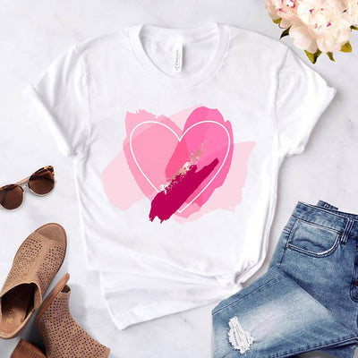 Women's Heart-shaped Flower Print Round Neck Short Sleeve - D117 - Winter Tops - Carvan Mart