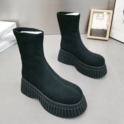 Thick Sole Long Boots Solid Color Fly-woven Elastic Women's Winter Shoes - Carvan Mart