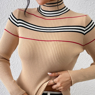 Women's Knitted Solid Color Striped Pullover - - Winter Tops - Carvan Mart