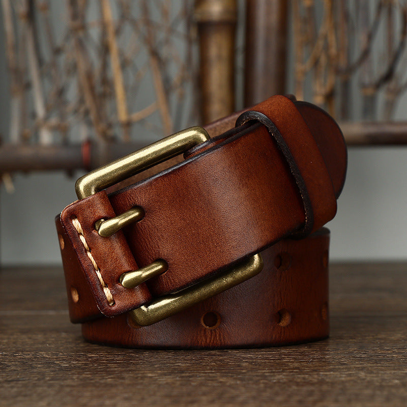 Men's First Layer Cowhide Vintage Brass Buckle Belt - - Men's Belts - Carvan Mart