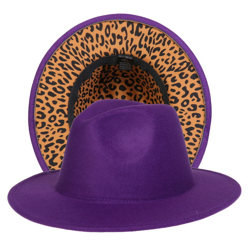 Double-sided Color-blocking Leopard Print Woolen Fedora Hat - Carvan Mart