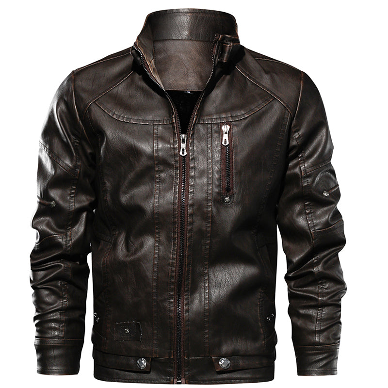 Men PU Leather Jacket Thick Motorcycle Leather Jacket Fashion Vintage Fit Coat - Carvan Mart