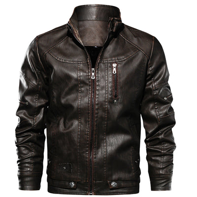 Men PU Leather Jacket Thick Motorcycle Leather Jacket Fashion Vintage Fit Coat - Dark Brown - Leather & Suede - Carvan Mart
